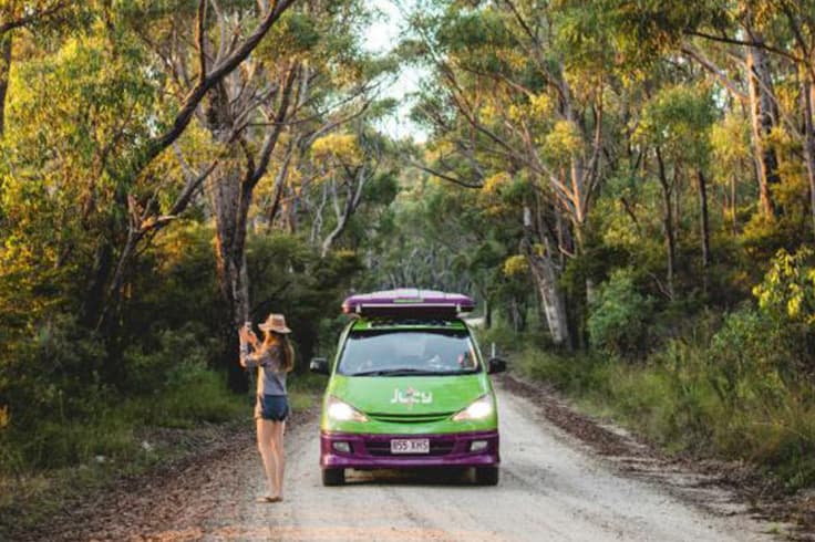 exploring south australia eyre peninsula to kangaroo island 1 Girl taking photo on a tree lined road with a JUCY campervan